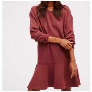 Free People Beach Womens Red Long Sleeve Oversized Peplum Terry Dress XS